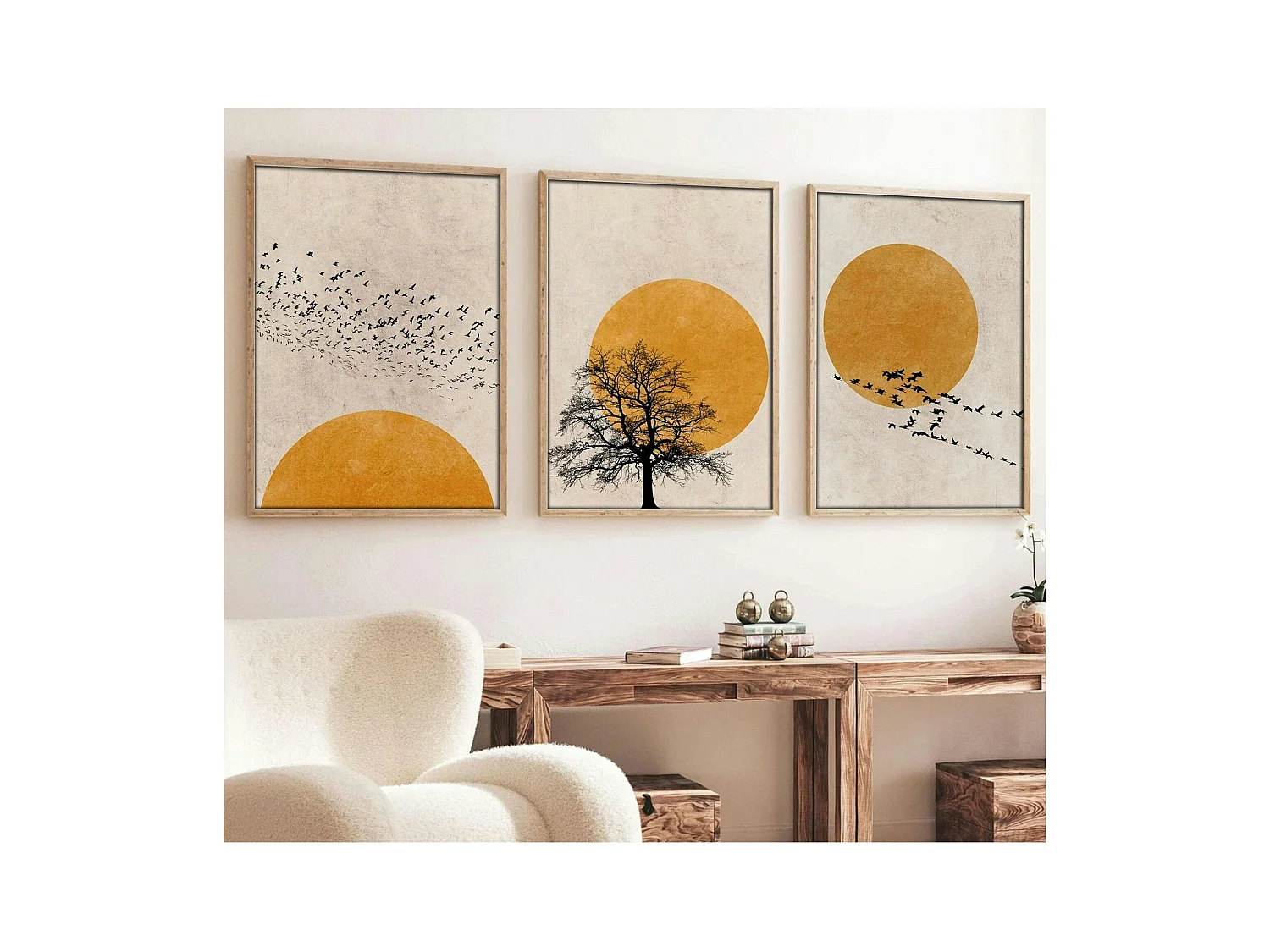 Tableau nature stylisée – soleil et oiseaux (lot de 3)
