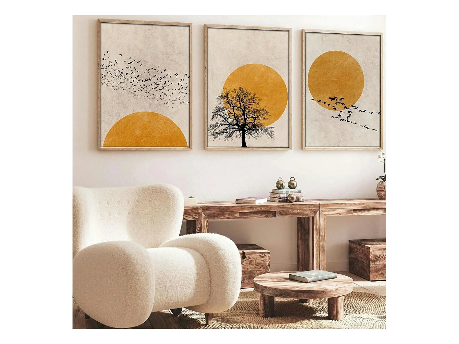 Tableau nature stylisée – soleil et oiseaux (lot de 3)