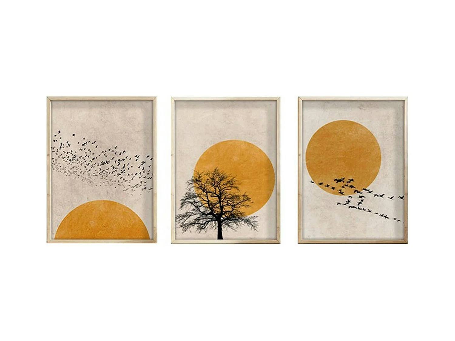 Tableau nature stylisée – soleil et oiseaux (lot de 3)