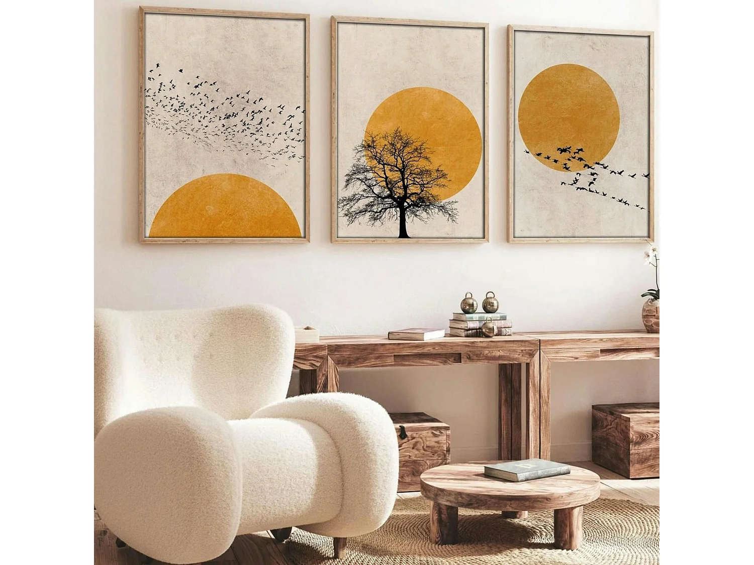 Tableau nature stylisée – soleil et oiseaux (lot de 3)
