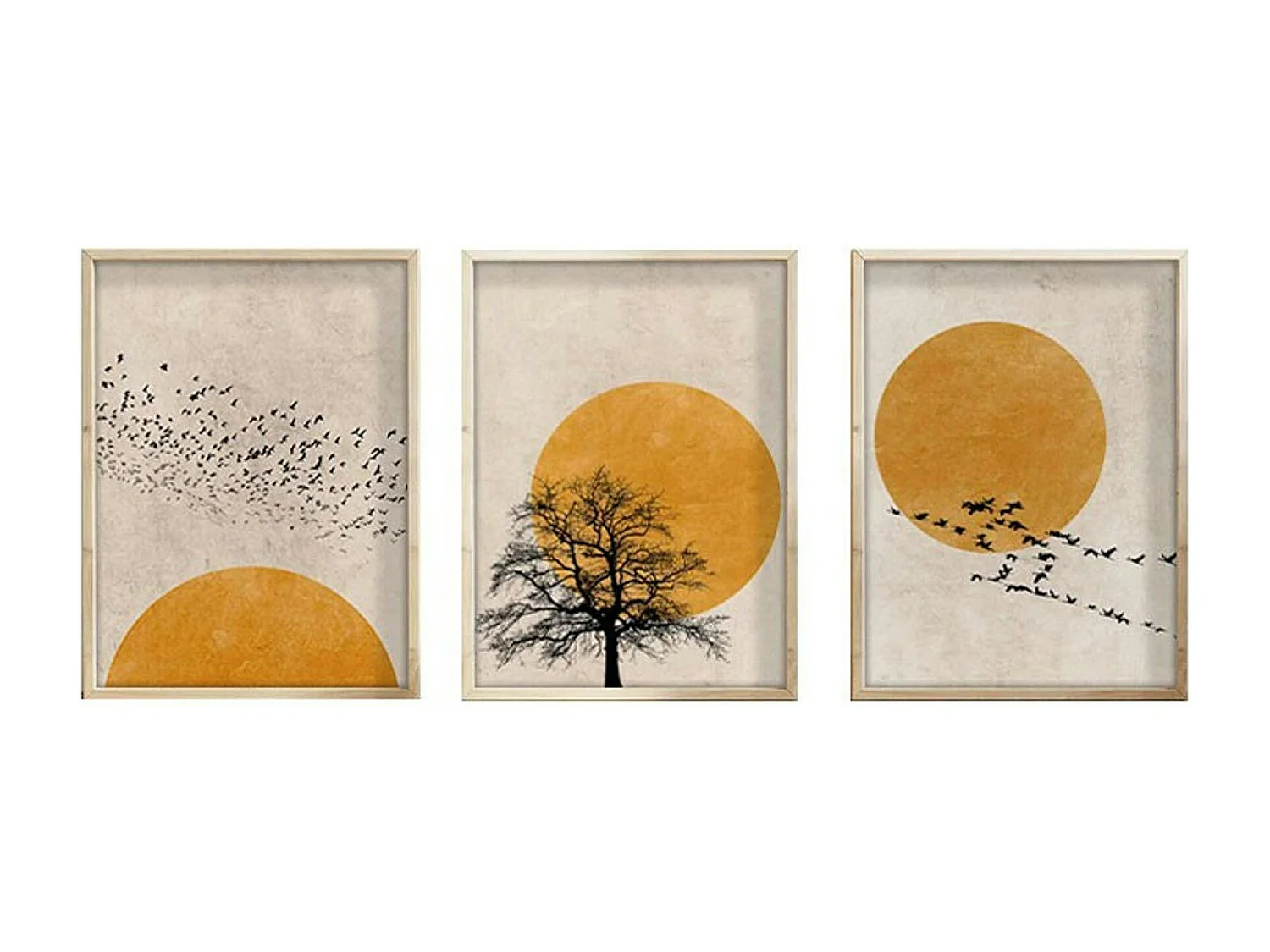 Tableau nature stylisée – soleil et oiseaux (lot de 3)