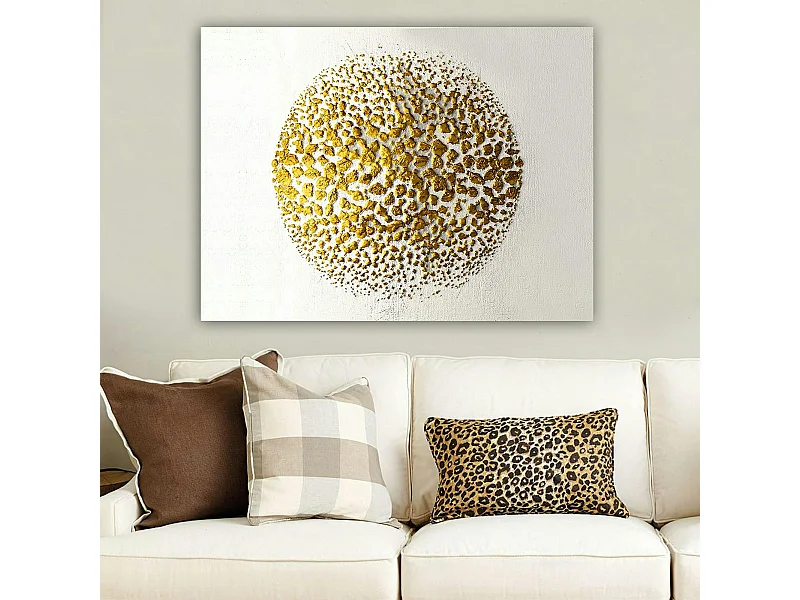 Tableau abstrait blanc et or – sphère texturée