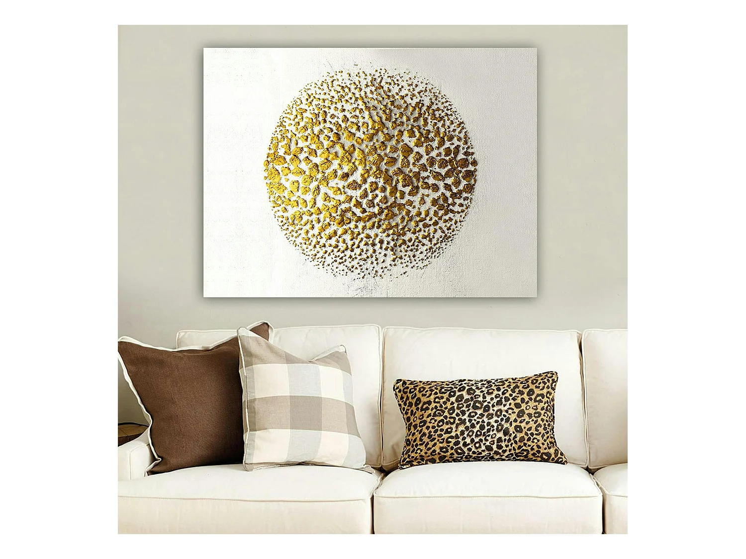 Tableau abstrait blanc et or – sphère texturée