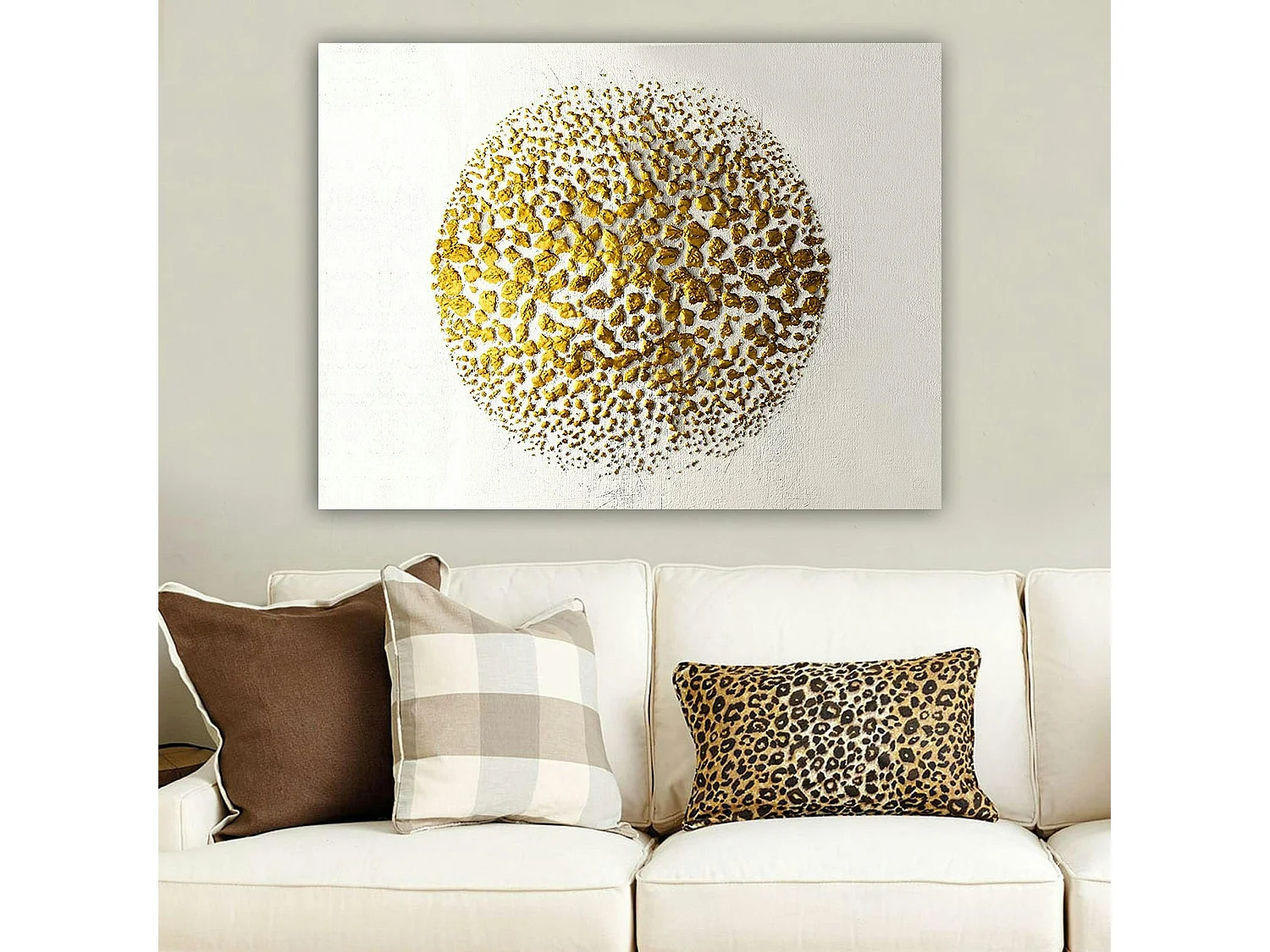 Tableau abstrait blanc et or – sphère texturée