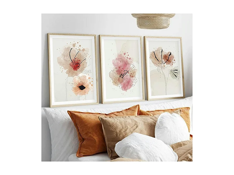 Tableau floral aquarelle rose et beige – lot de 3