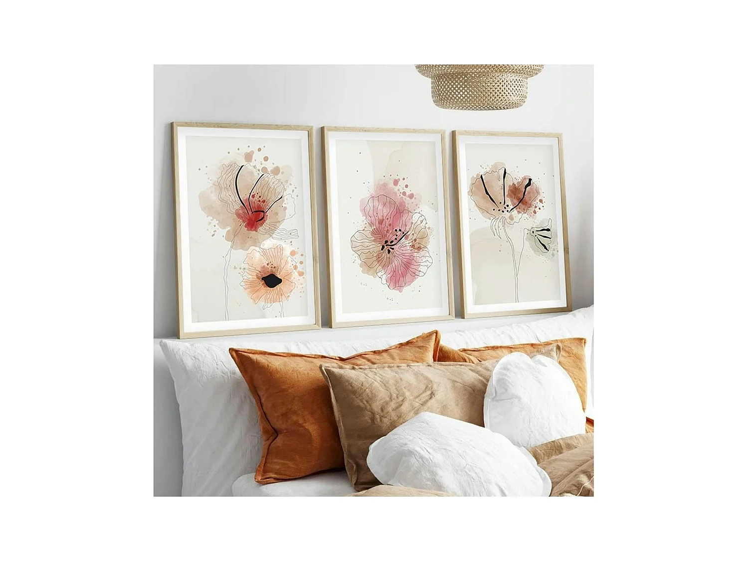 Tableau floral aquarelle rose et beige – lot de 3