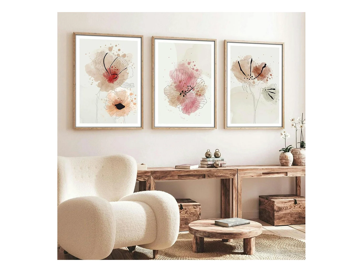 Tableau floral aquarelle rose et beige – lot de 3