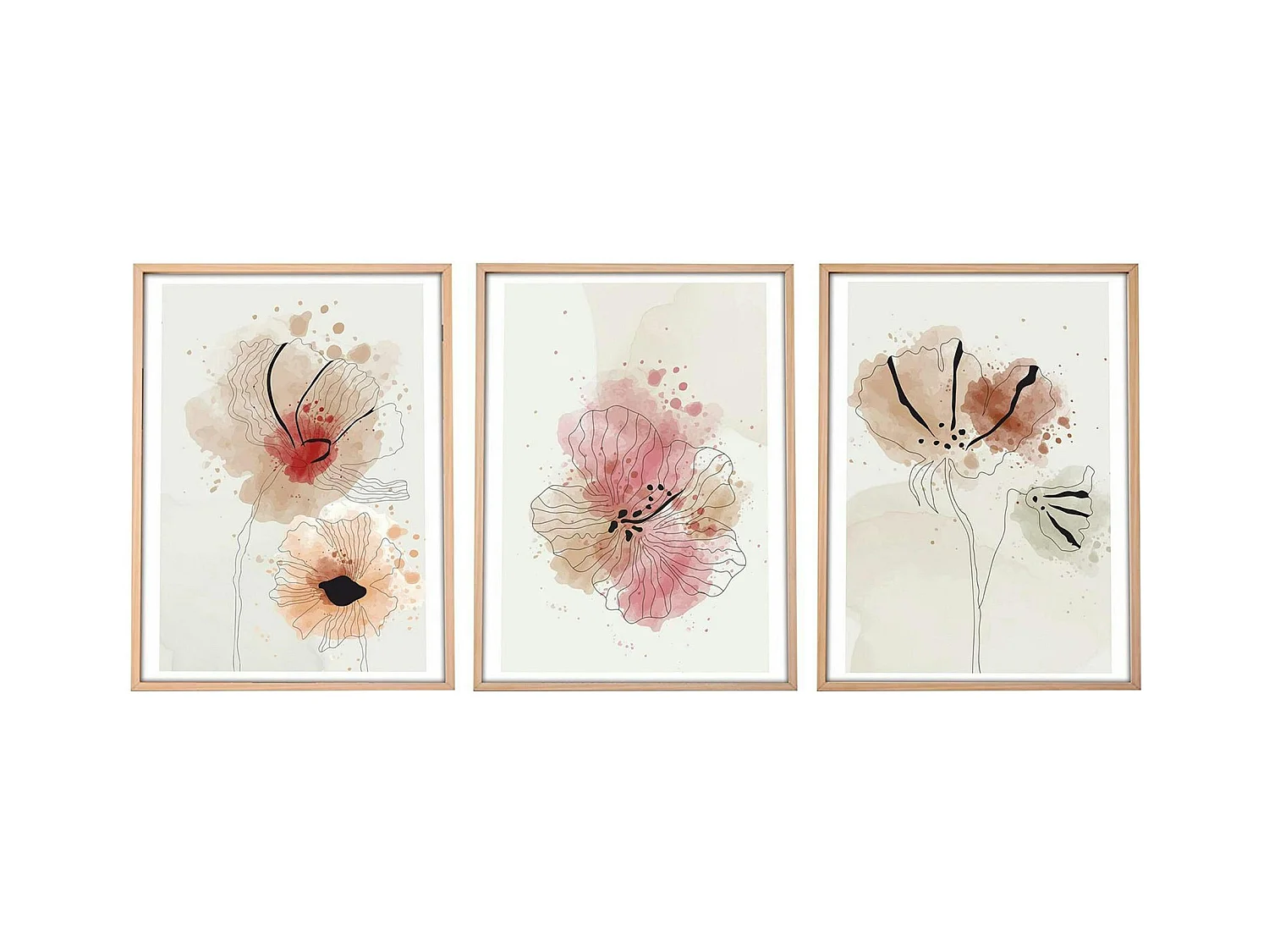 Tableau floral aquarelle rose et beige – lot de 3