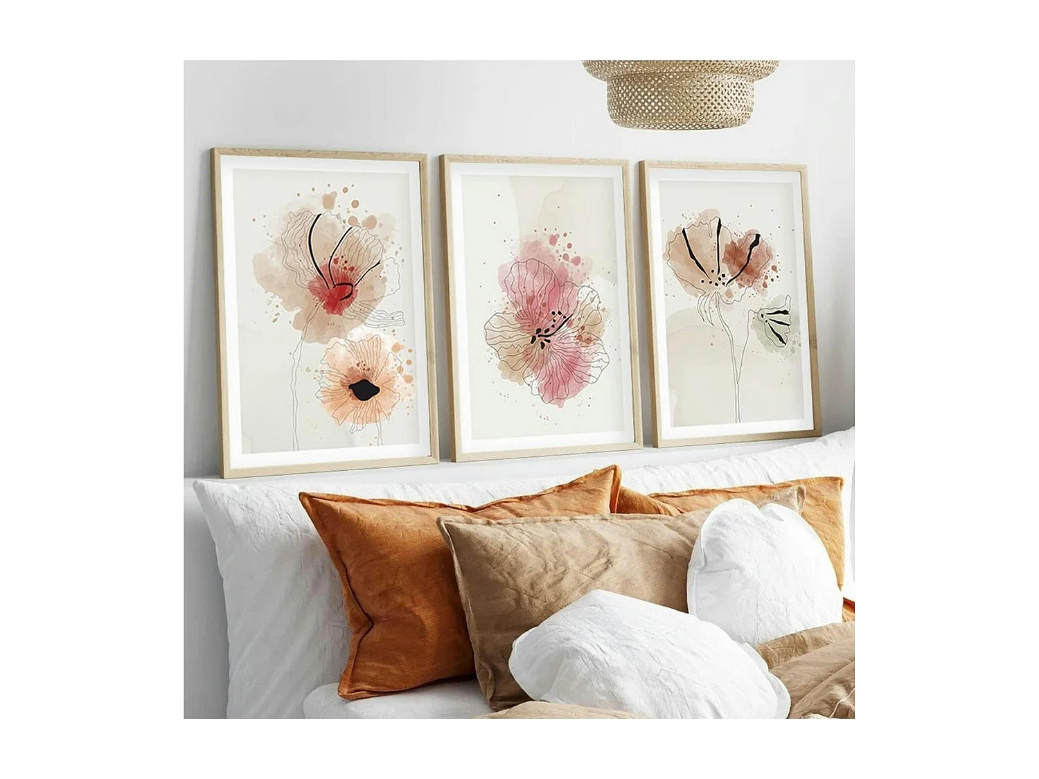 Tableau floral aquarelle rose et beige – lot de 3