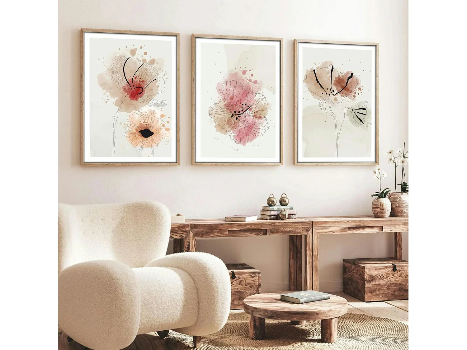 Tableau floral aquarelle rose et beige – lot de 3