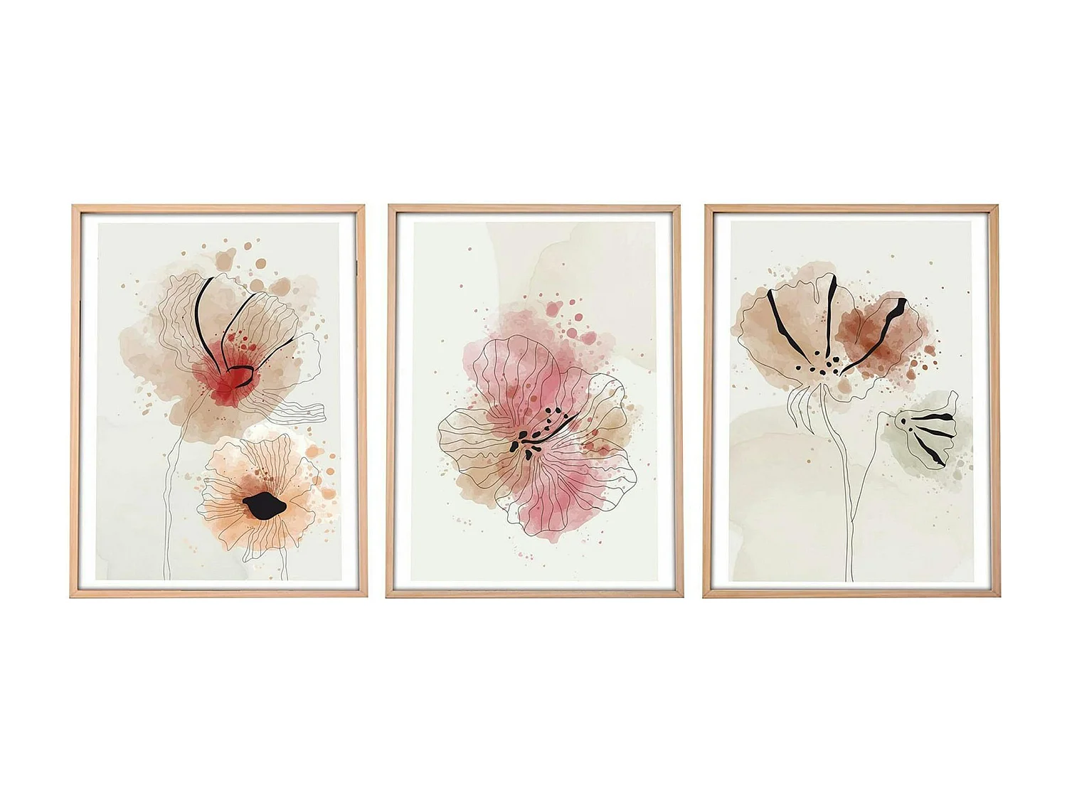 Tableau floral aquarelle rose et beige – lot de 3