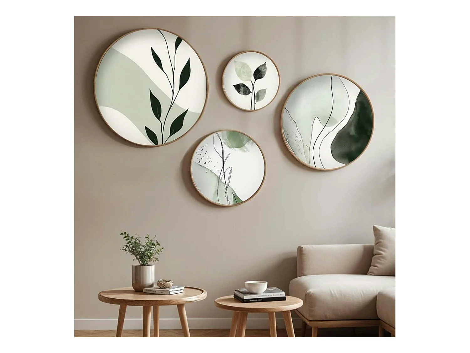 Tableau rond nature vert et blanc – cadre bois (set de 4)