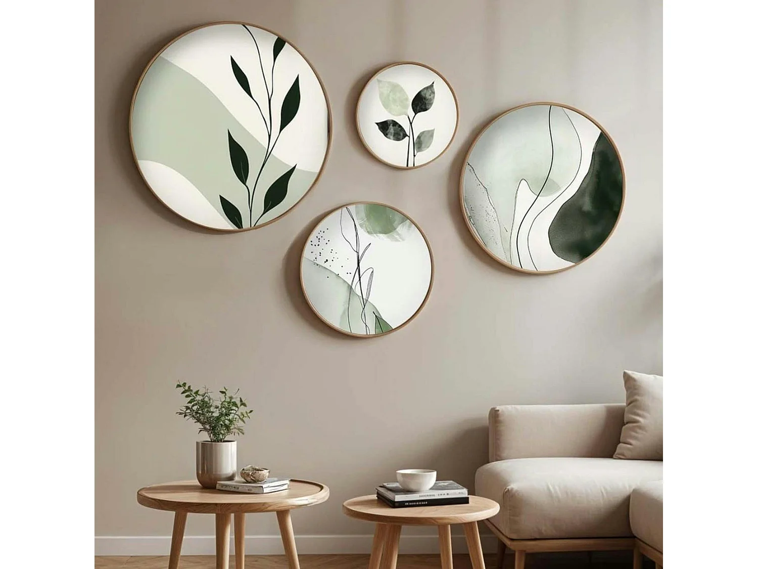 Tableau rond nature vert et blanc – cadre bois (set de 4)