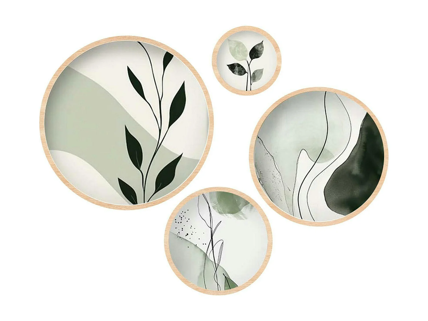 Tableau rond nature vert et blanc – cadre bois (set de 4)