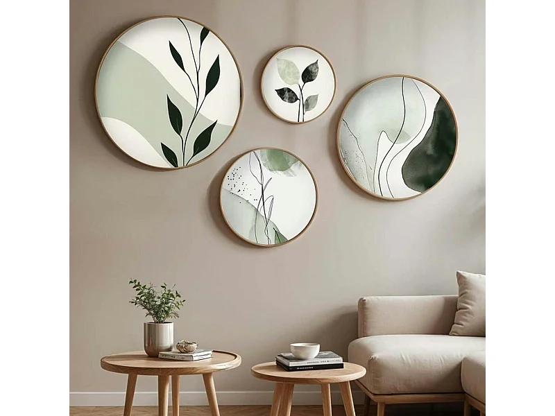 Tableau rond nature vert et blanc – cadre bois (set de 4)