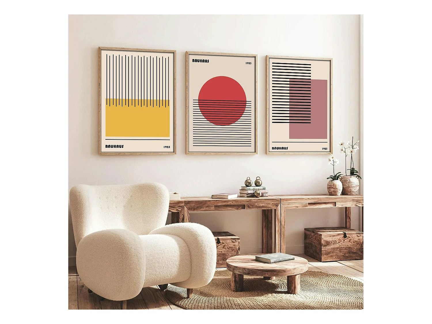 Tableau abstrait – style Bauhaus, cadre bois (lot de 3)