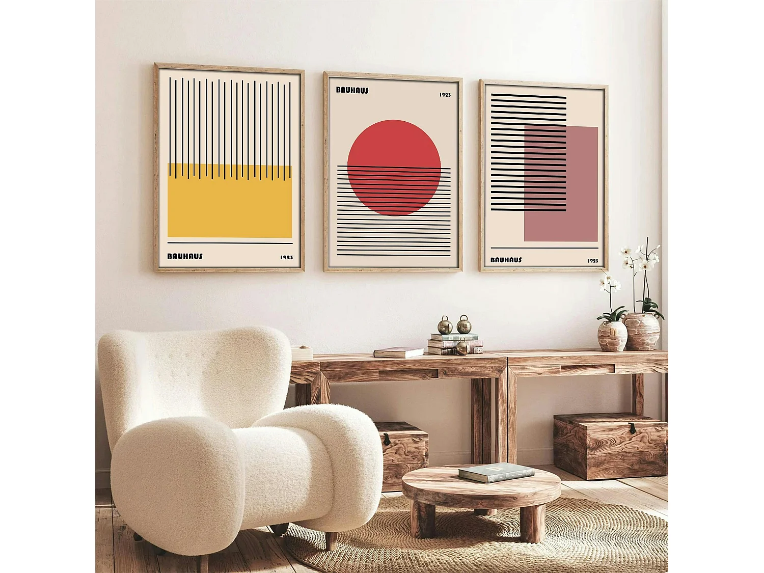 Tableau abstrait – style Bauhaus, cadre bois (lot de 3)