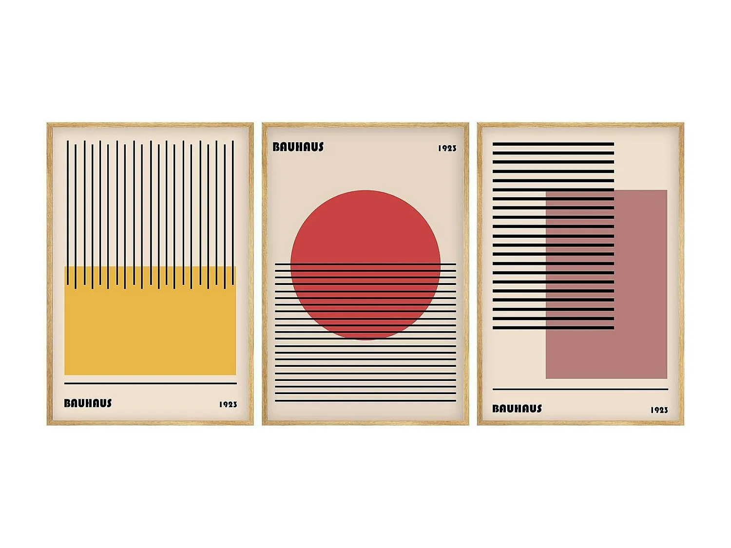 Tableau abstrait – style Bauhaus, cadre bois (lot de 3)