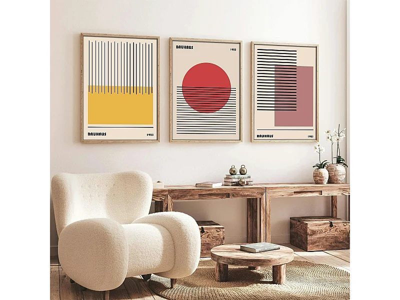 Tableau abstrait – style Bauhaus, cadre bois (lot de 3)