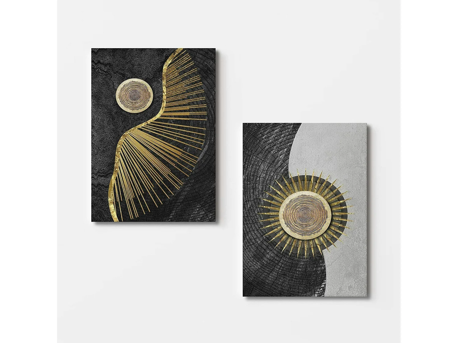 Tableau abstrait soleil or – fond noir et argent (set de 2)