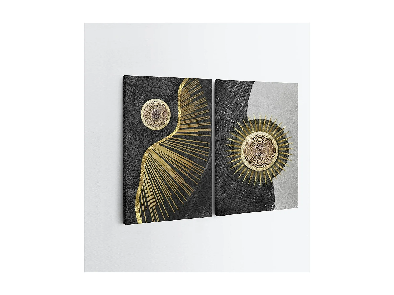 Tableau abstrait soleil or – fond noir et argent (set de 2)