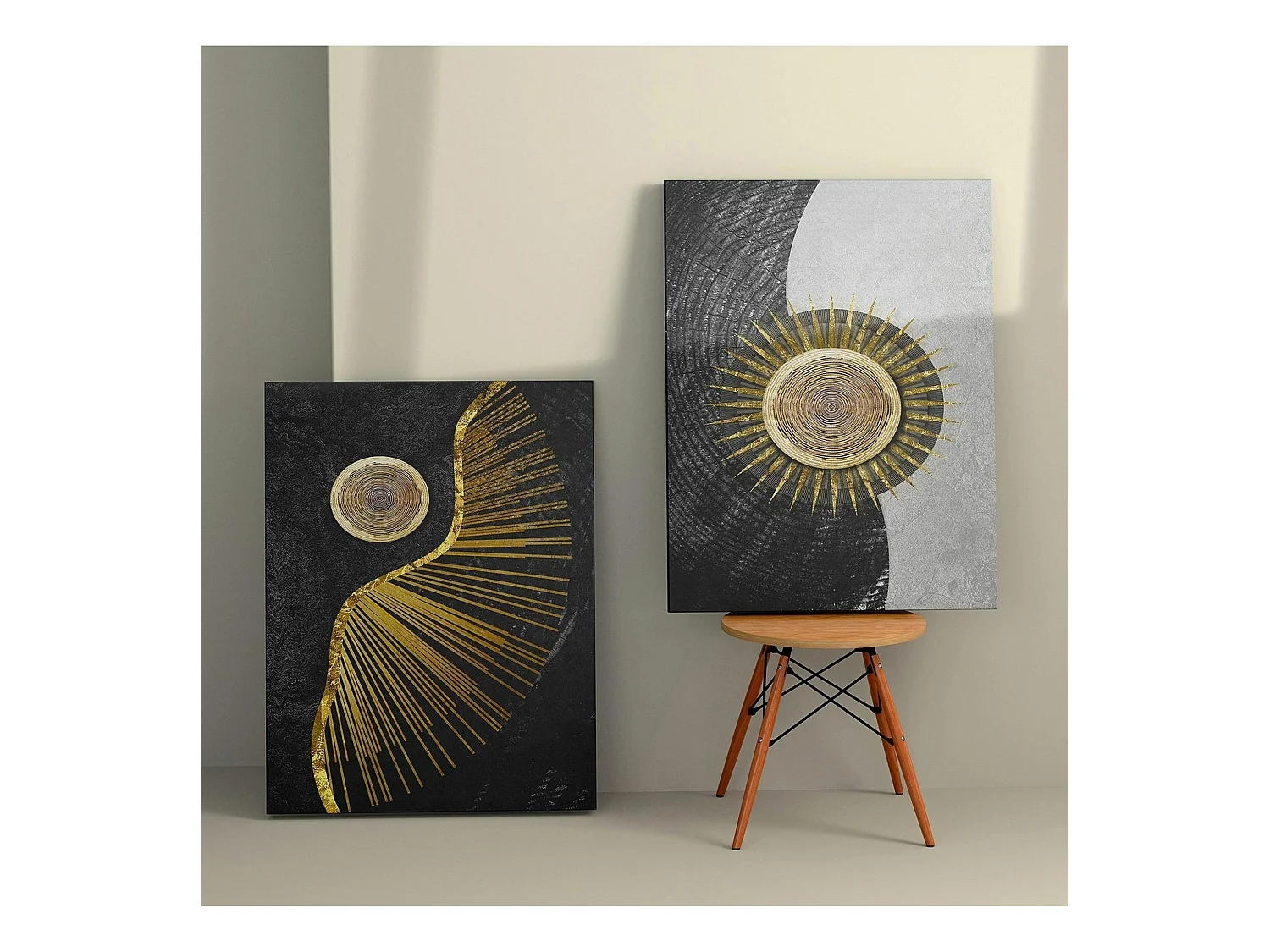 Tableau abstrait soleil or – fond noir et argent (set de 2)