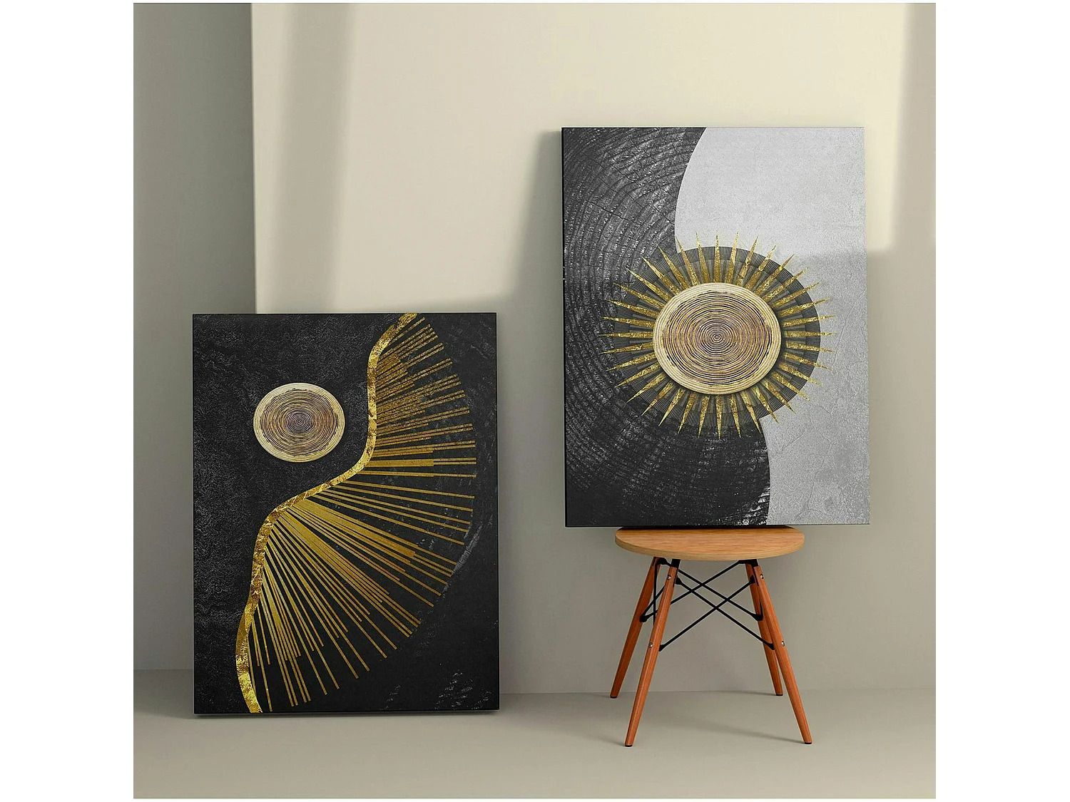 Tableau abstrait soleil or – fond noir et argent (set de 2)