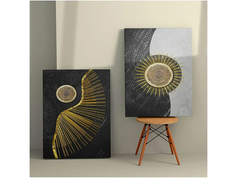 Tableau abstrait soleil or – fond noir et argent (set de 2)