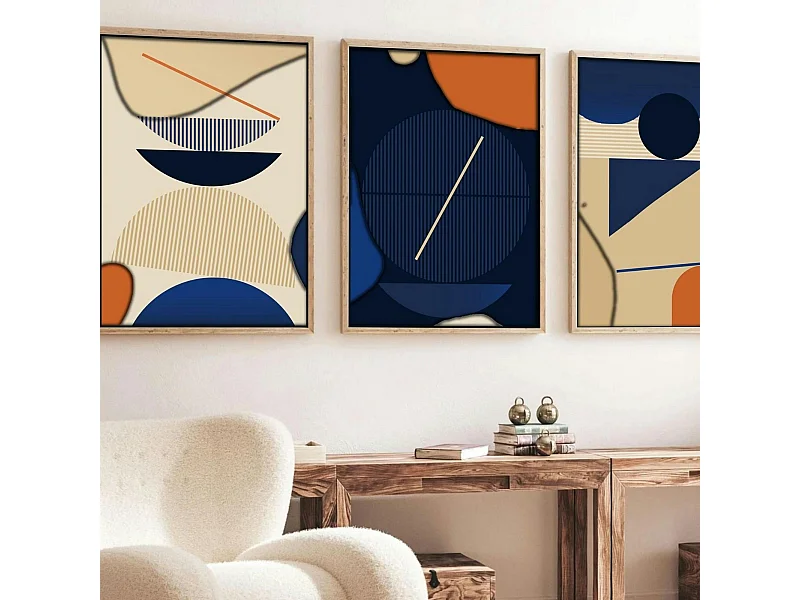 Tableau graphique bleus et orange – cadre bois (lot de 3)