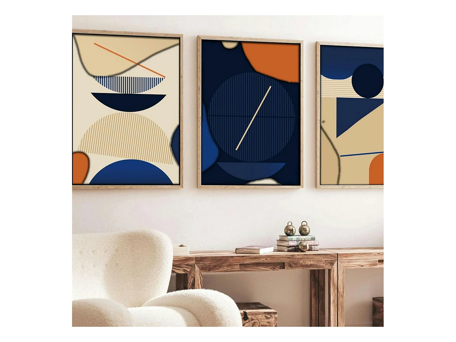 Tableau graphique bleus et orange – cadre bois (lot de 3)