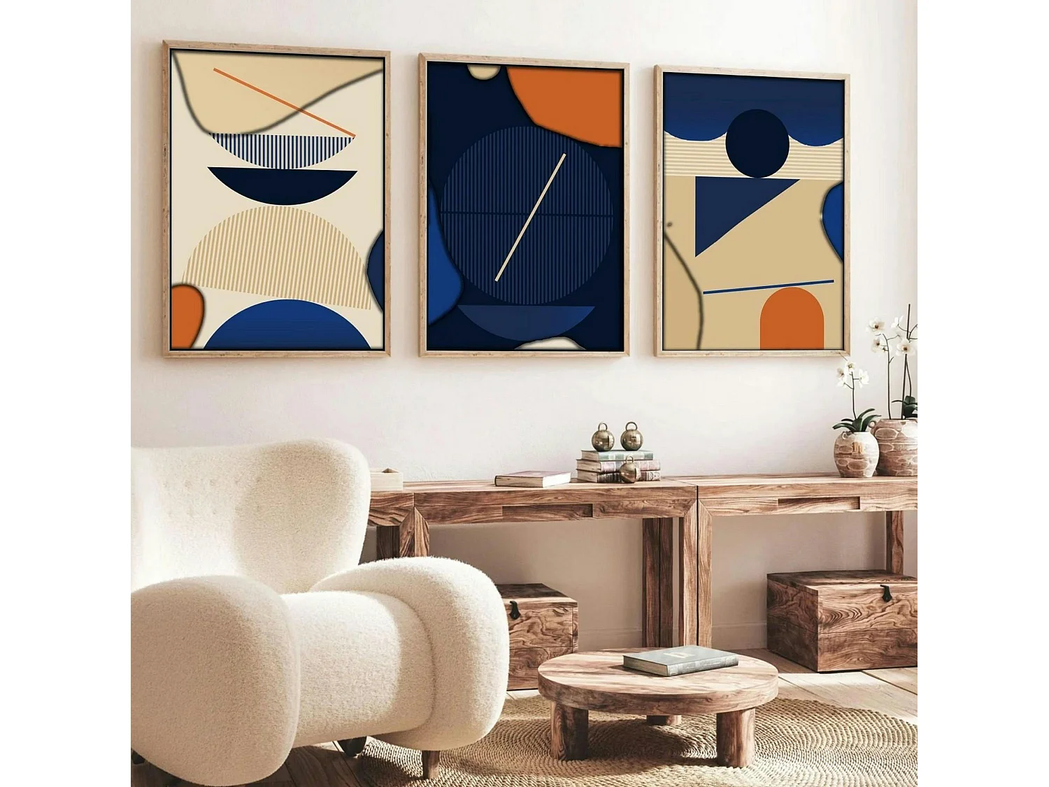 Tableau graphique bleus et orange – cadre bois (lot de 3)