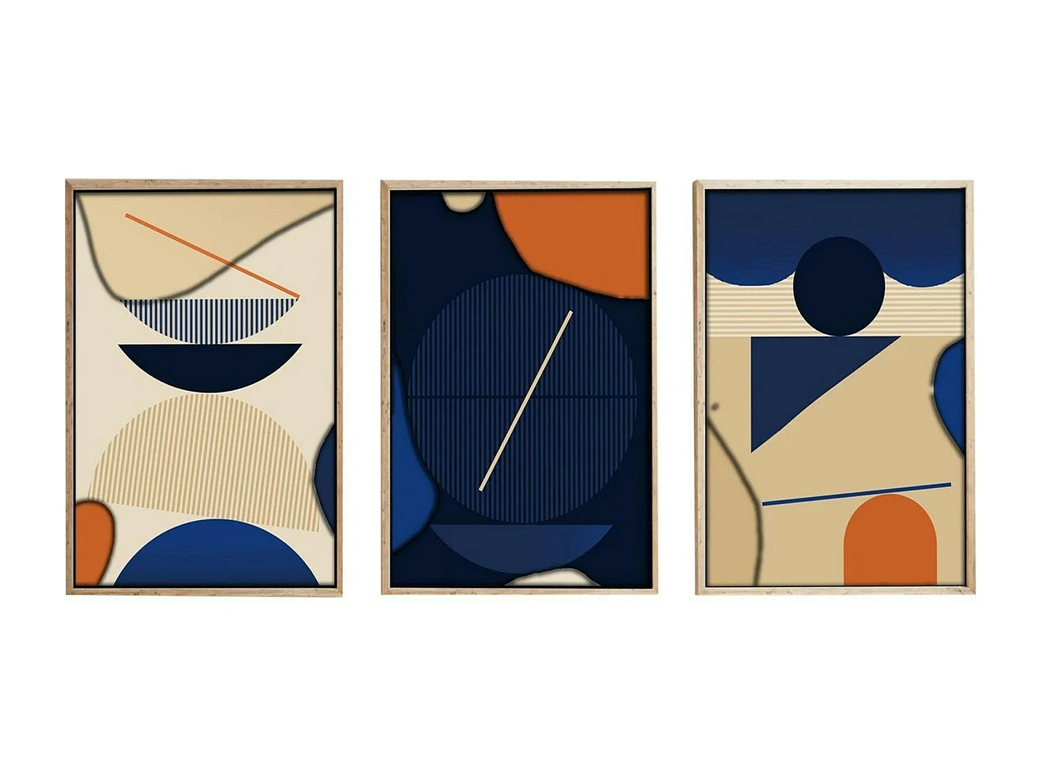 Tableau graphique bleus et orange – cadre bois (lot de 3)
