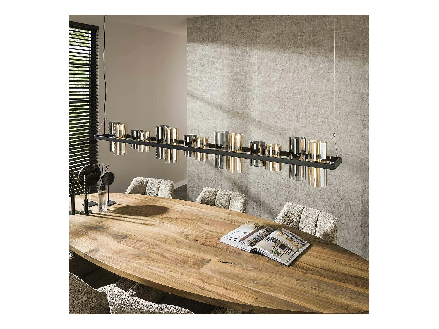 Suspension en verre ambré et chromé, 14 abat-jour RALF