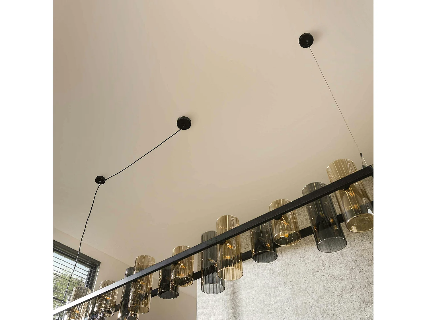 Suspension en verre ambré et chromé, 14 abat-jour RALF