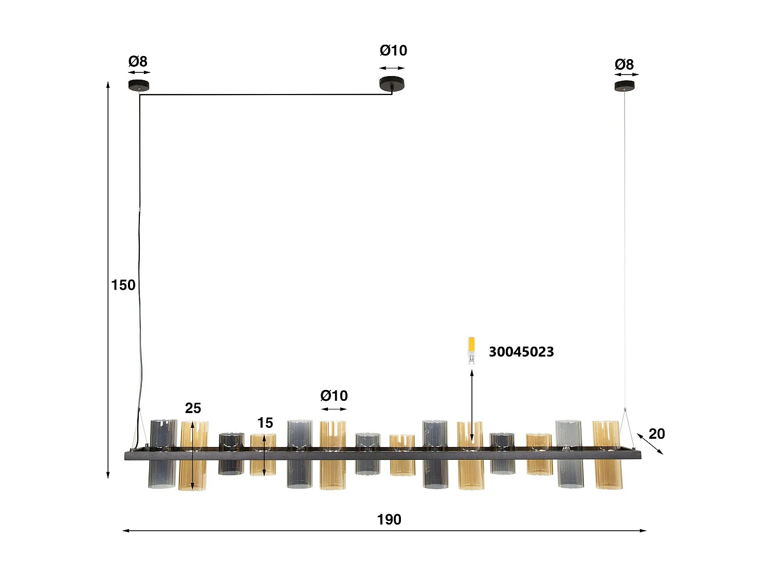 Suspension en verre ambré et chromé, 14 abat-jour RALF