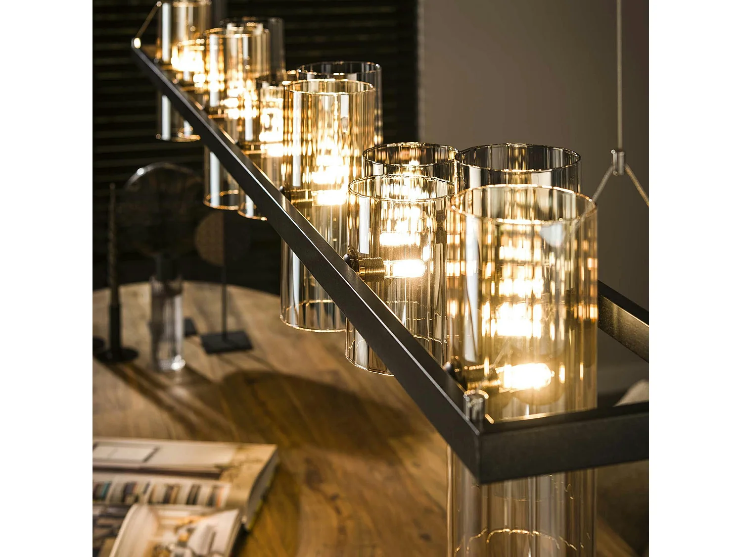 Suspension en verre ambré et chromé, 14 abat-jour RALF