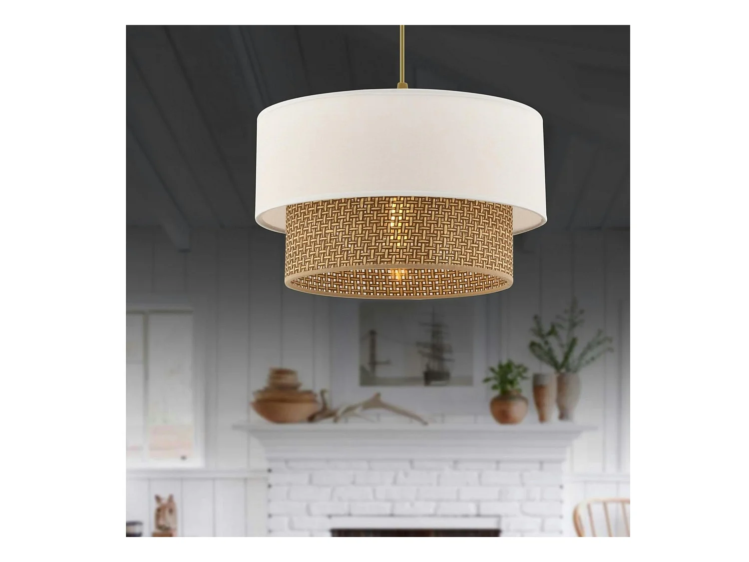 Suspension blanche - double abat-jour avec tressage ZURICH