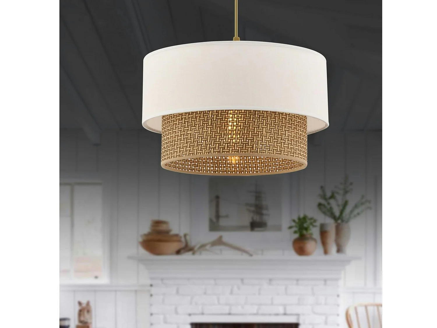 Suspension blanche - double abat-jour avec tressage ZURICH