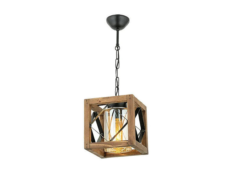 Suspension industrielle cube – bois et métal noir CAMOGLI