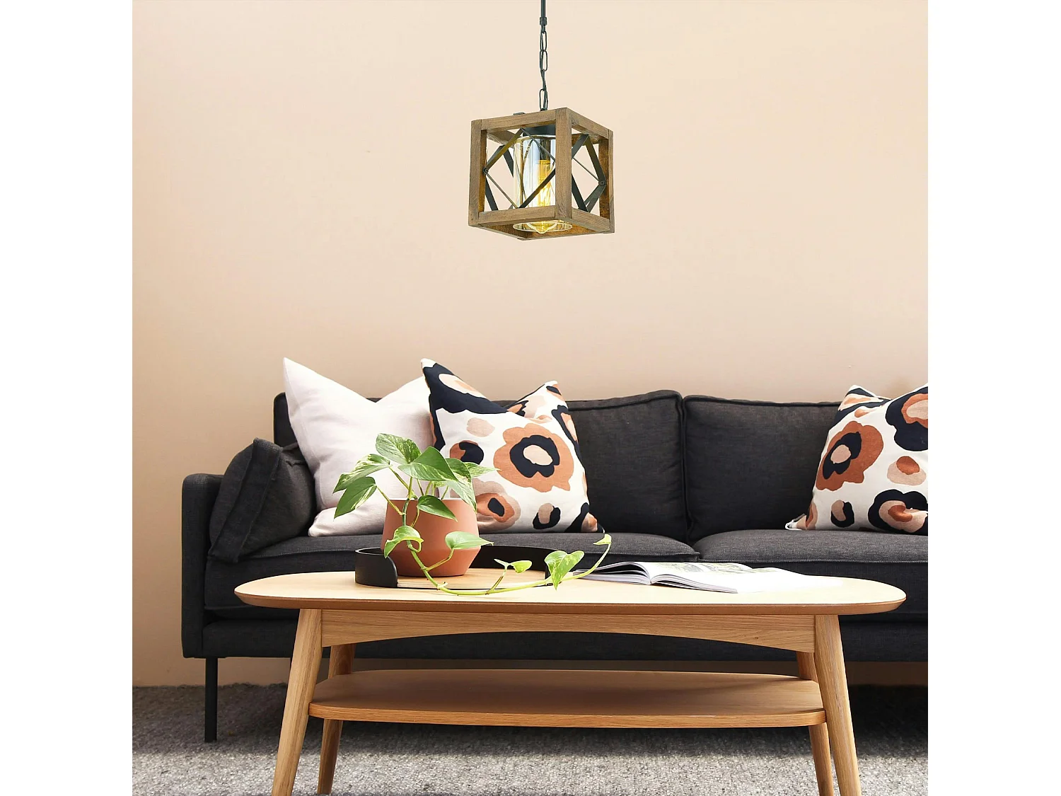 Suspension industrielle cube – bois et métal noir CAMOGLI