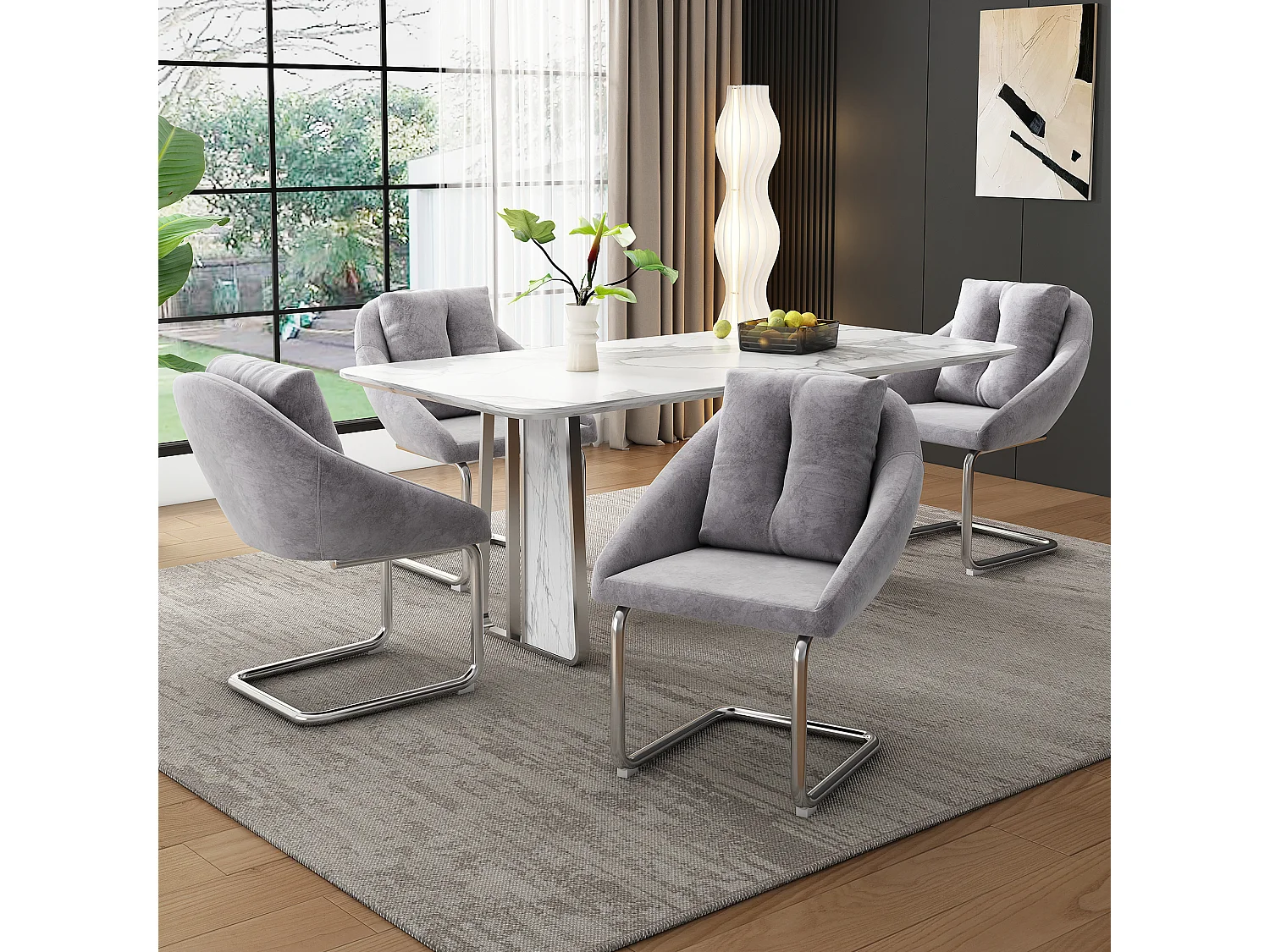 Poltrona giratória de veludo confortável para sala de estar, quarto, cadeira, design moderno, pernas arqueadas, cinza, conjunto de 6