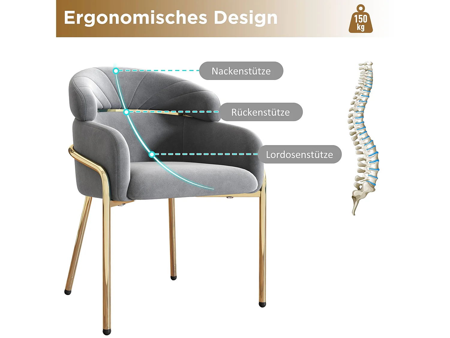 Chaise en velours gris design léger avec pieds métal pour salon chambre fauteuil moderne