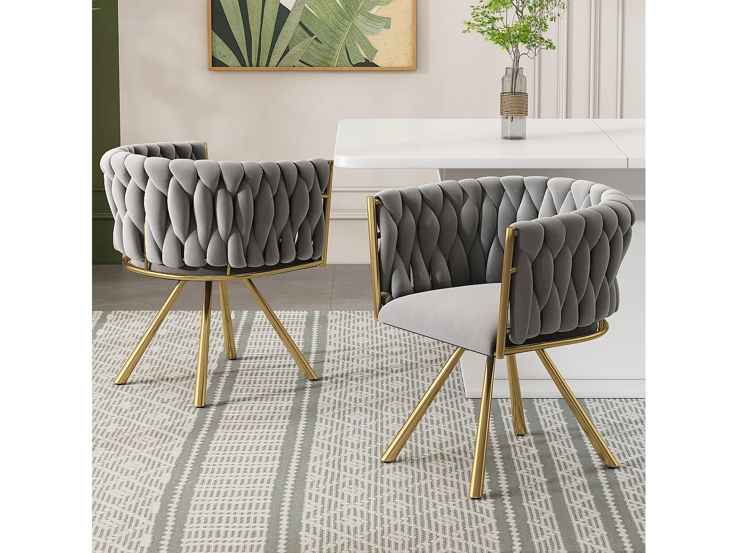 Conjunto de 6 cadeiras giratórias de veludo cinza dourado com design moderno de 2 peças e pernas de metal para sala de estar e quarto