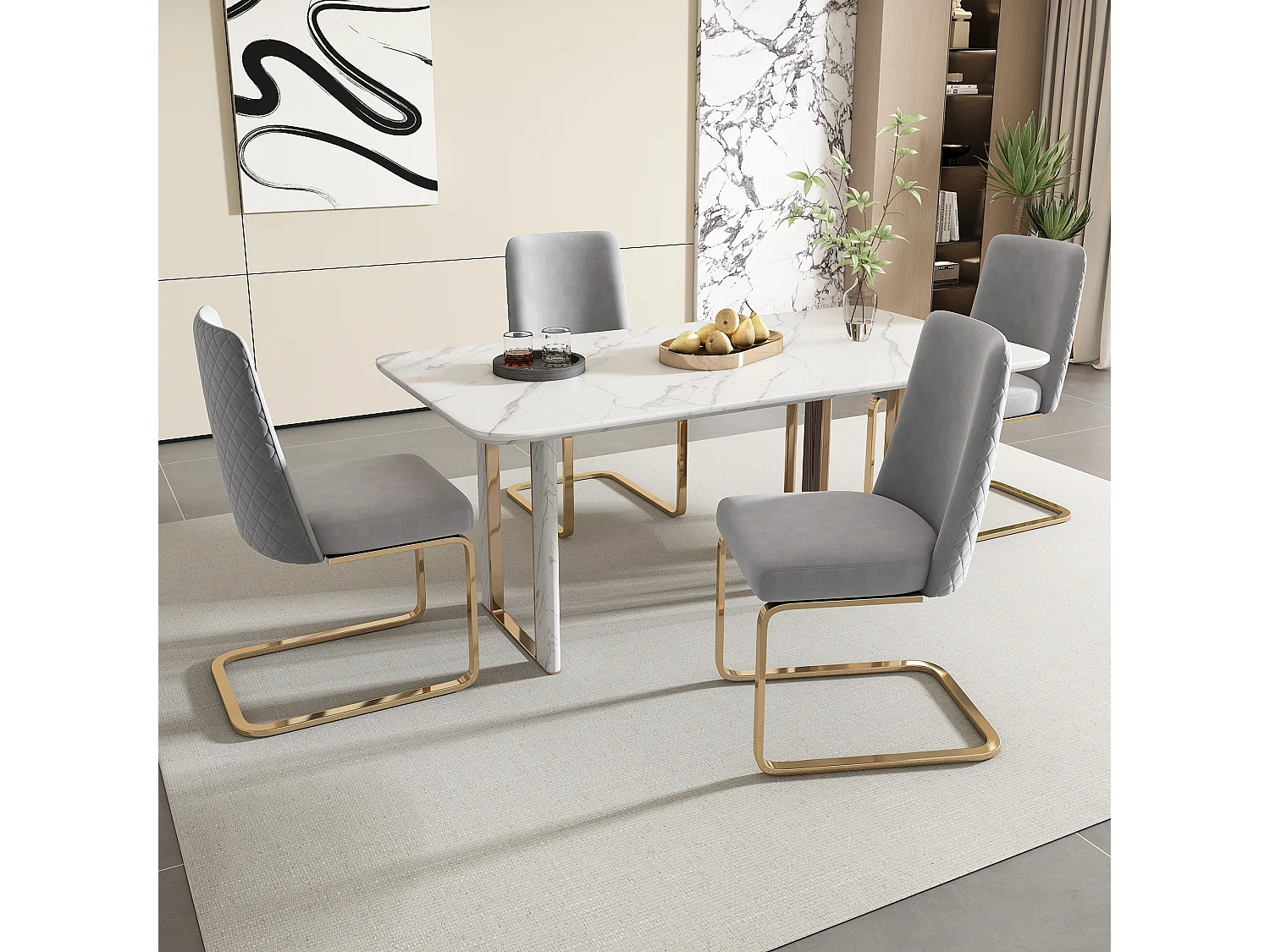 Chaise en velours gris avec pieds dorés, dossier capitonné diamant, pour salon ou salle à manger lot de 4