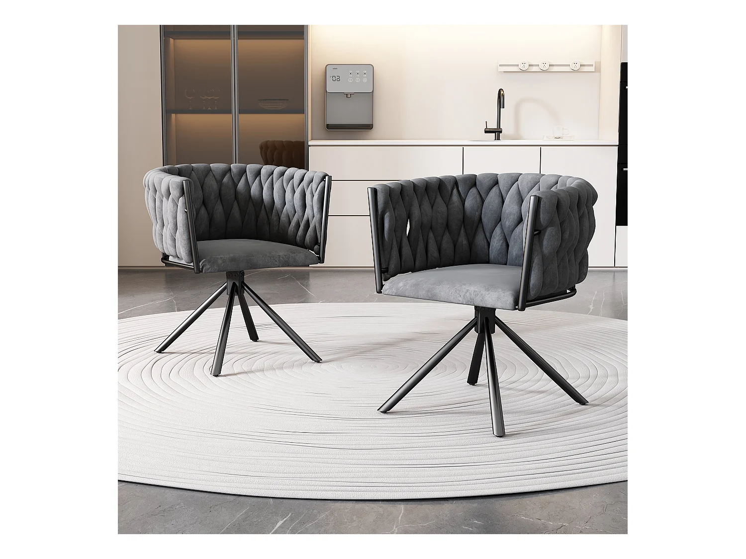 Silla giratoria de terciopelo gris con patas de metal de diseño moderno para sala de estar o dormitorio, juego de 2