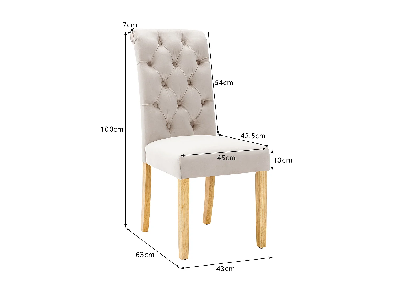 Chaise de salle à manger velours beige lot de 6 avec pieds en chêne style classique bouton capitonné
