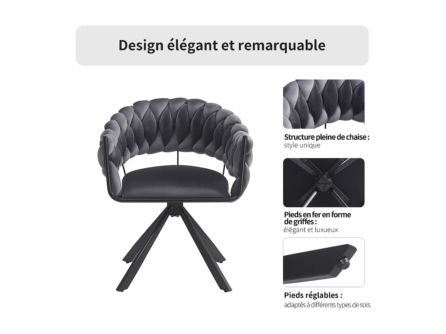 Chaise salle à manger velours ergonomique pieds métal réglables design moderne gris 64x54x77cm lot de 4