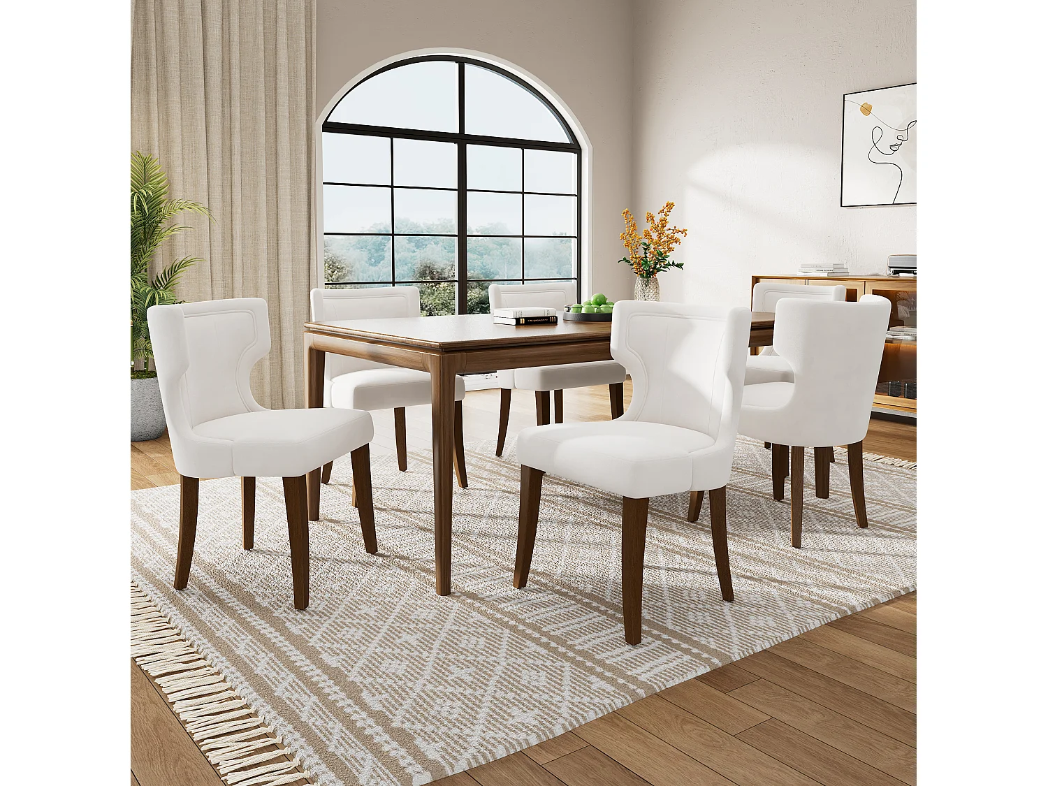 Chaise en velours beige avec pieds réglables en bois massif et coussin épais pour salon ou cuisine lot de 6