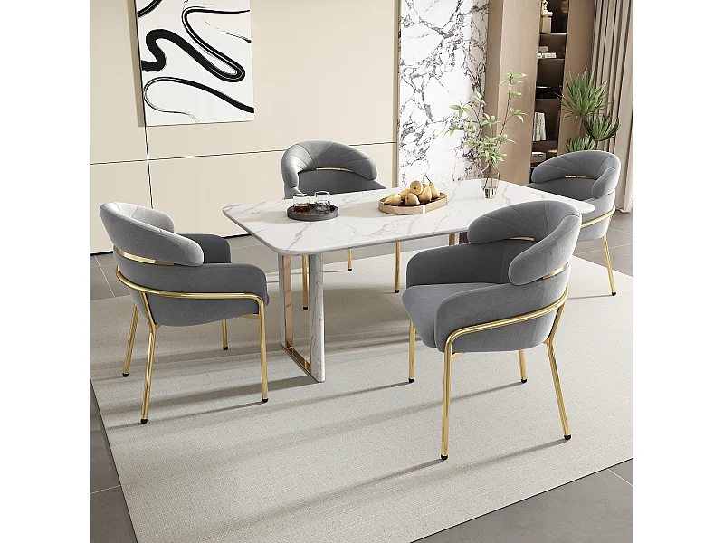 Cadeira de veludo cinza, design leve com pernas de metal para sala de estar, quarto, poltrona moderna, conjunto de 4