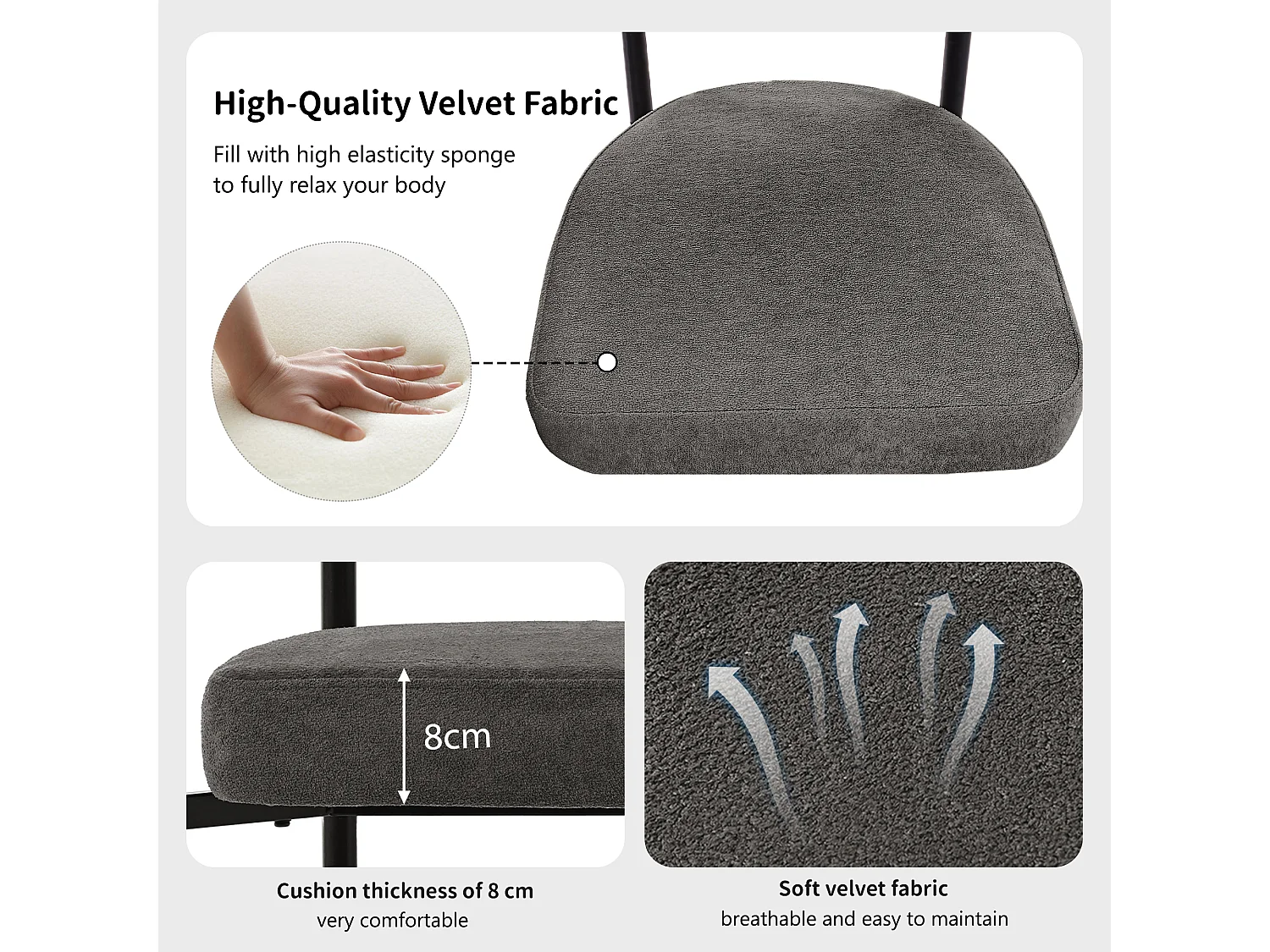 Cómodo sillón de terciopelo con respaldo ergonómico y patas de metal para salón u oficina 70×62×84cm juego de 4 gris oscuro